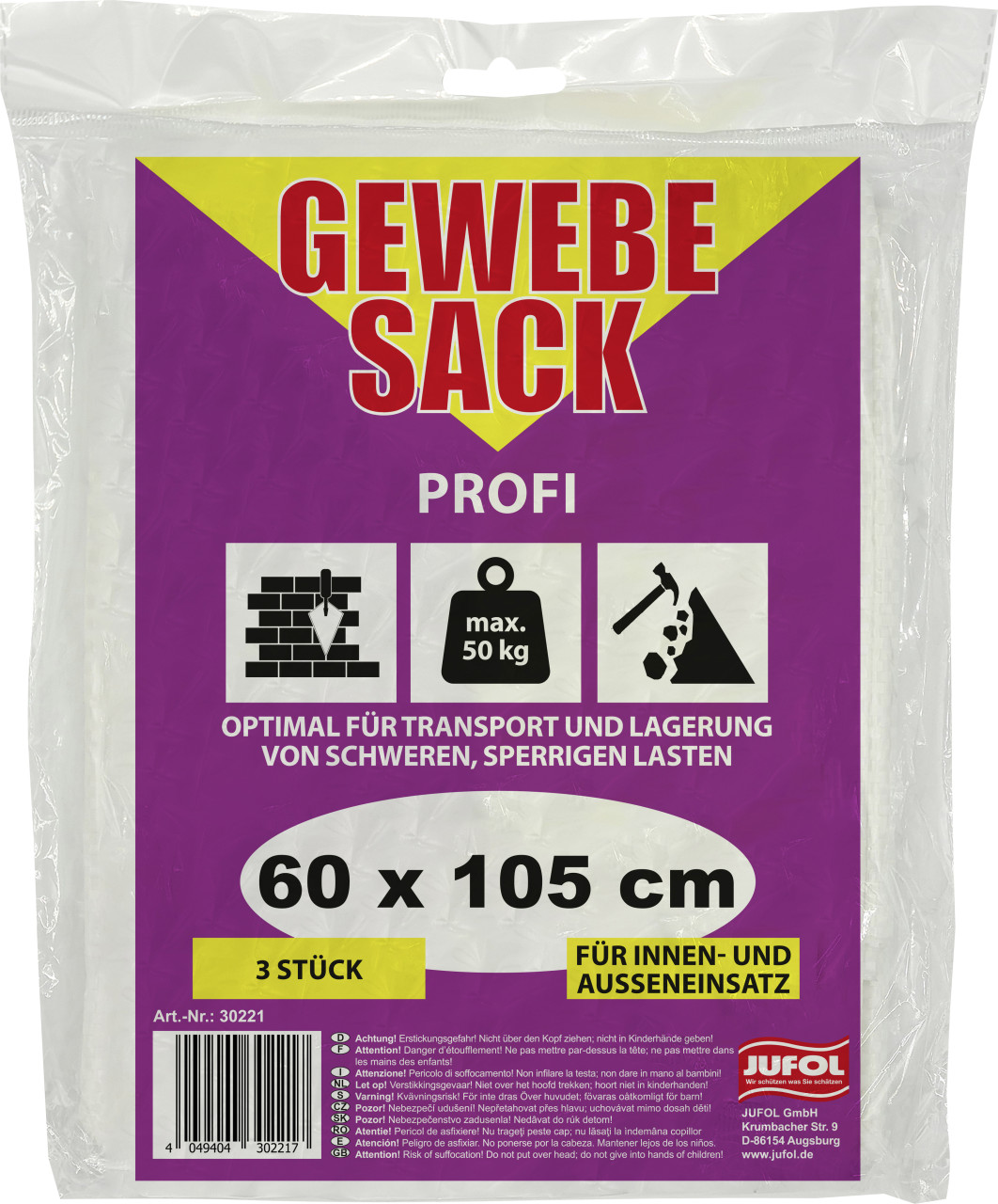 JUFOL Gewebesäcke ca. 50g/m² 600 x 1050 mm, weiß 3 Stück/Pack GLO655400833