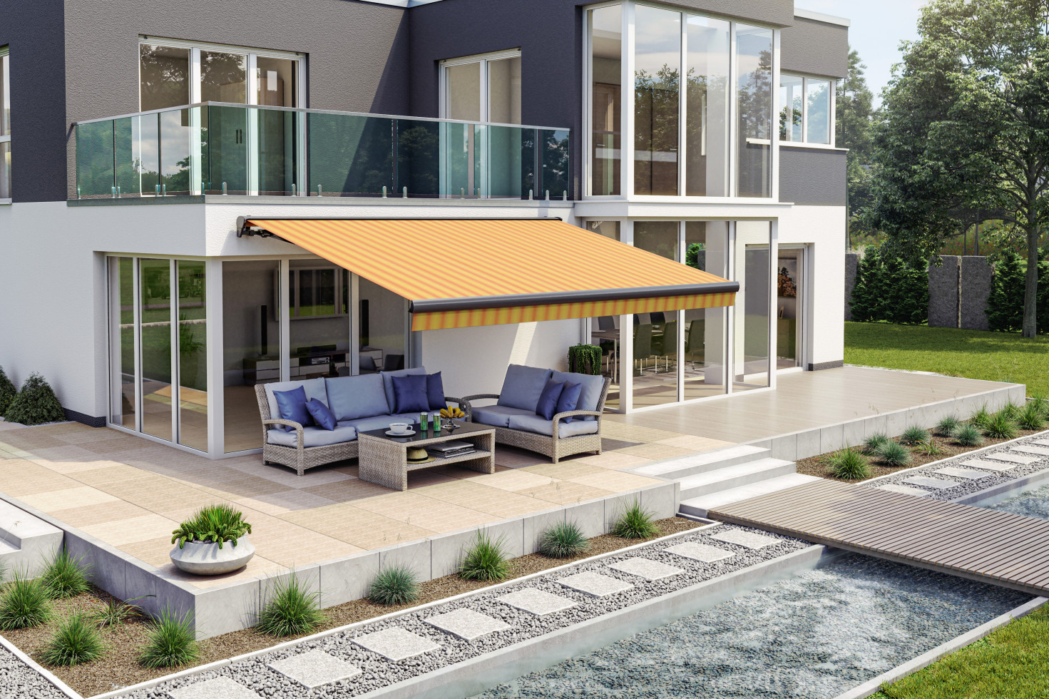 Wismar Halbkassettenmarkise gelb-orange gestreift