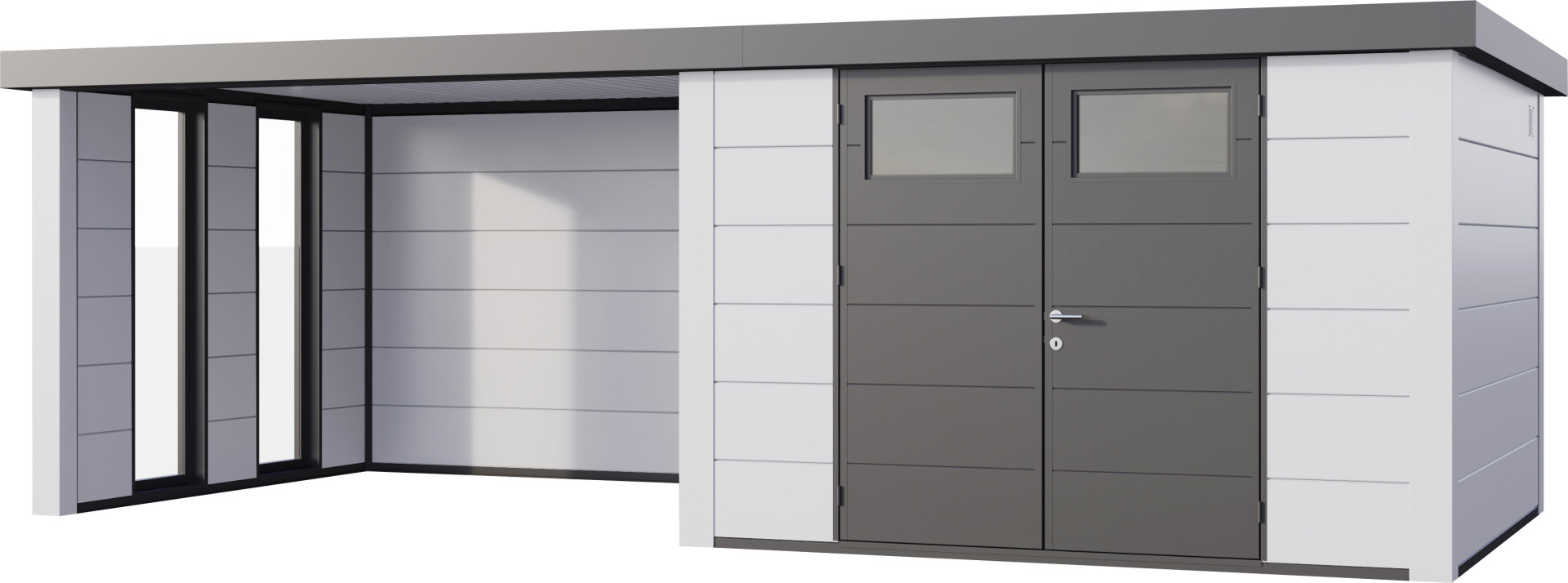 Telluria Gerätehaus Classico Lounge L mit Fenstern 3330 links EW weiß 672 x 298 cm