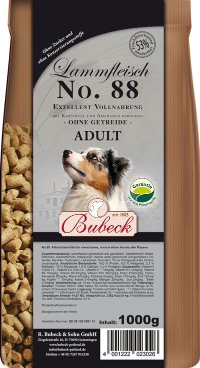 Bubeck Adult No.88 gebackenes Hundefutter mit Lamm 1 kg GLO629303132