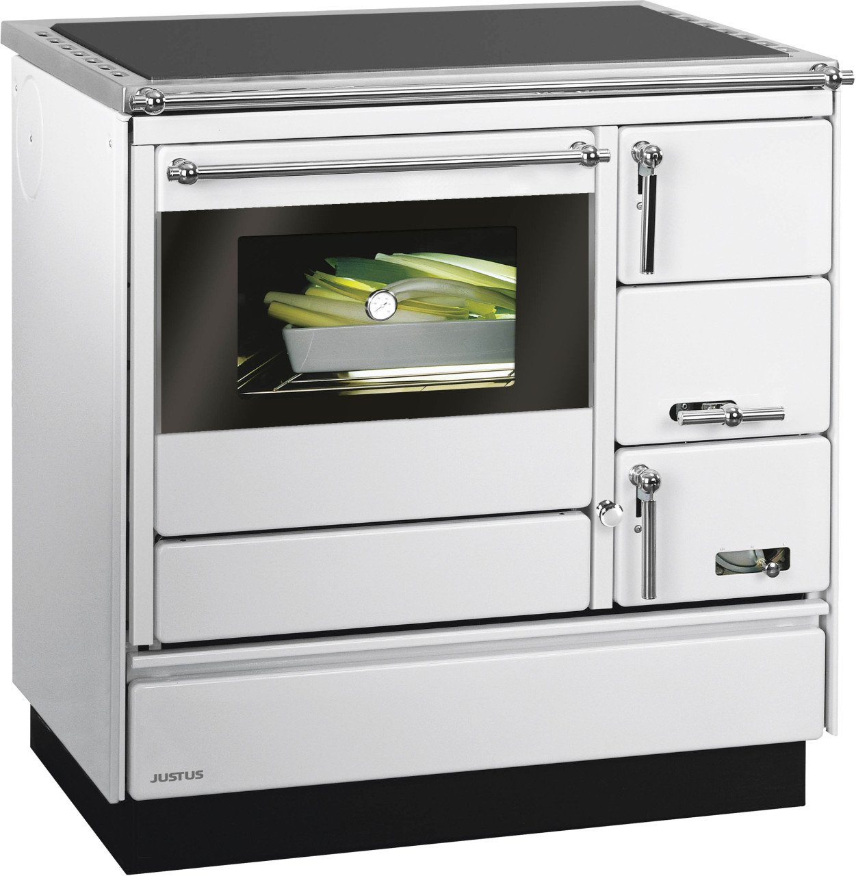 Justus Festbrennstoffherd Linz Backfach links Stahl 7 kW silber