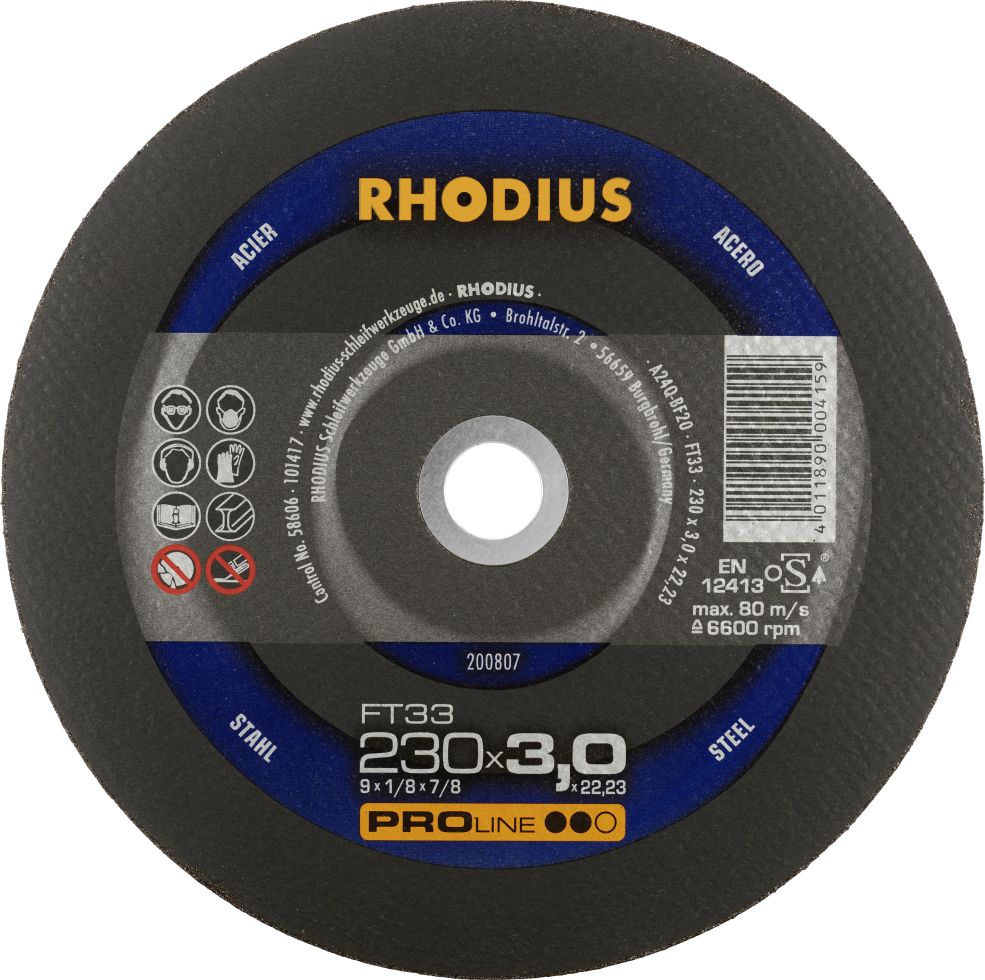 Rhodius Freihandtrennscheibe FT33 Stahl Ø 230 mm Bohrung 22,23 mm