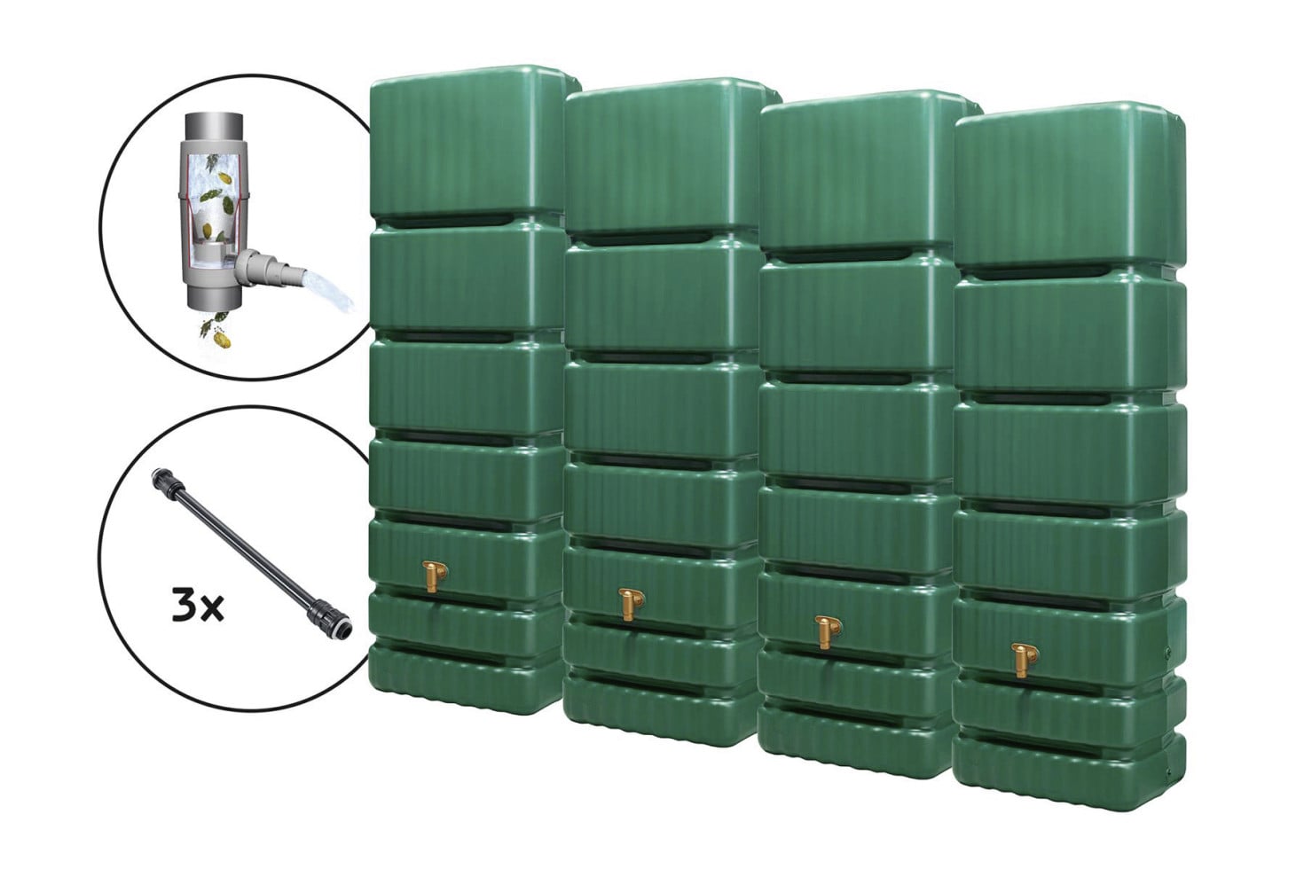 4rain Regentonne-Set Slim inkl. Zubehör Wandtank 1400 L dunkelgrün 4 Stück